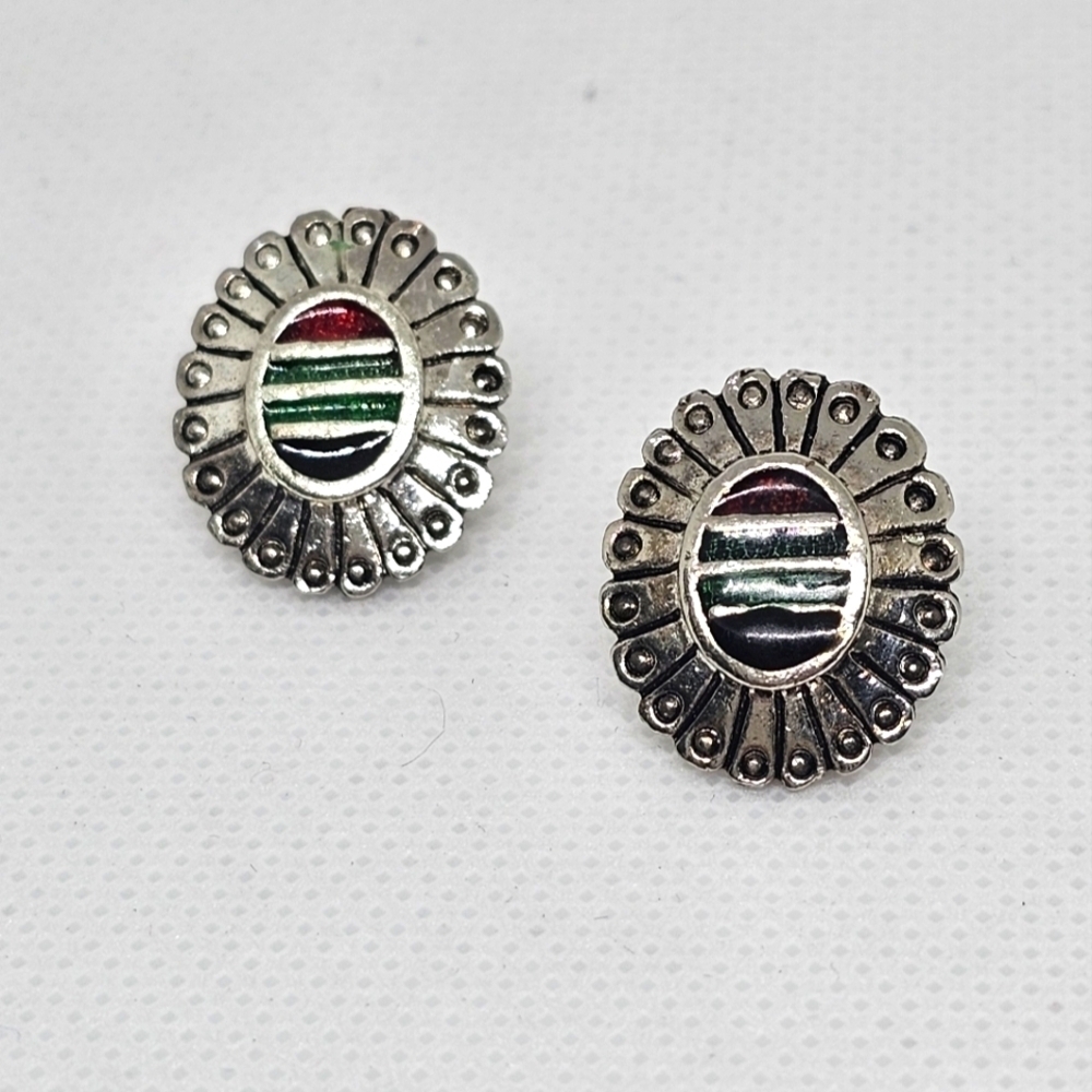 Native American Zuni Silver plated handmade oval stud earrings
